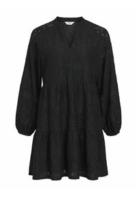 Czarna sukienka z dekoltem w kształcie litery V, długimi bufkami i warstwowym fasonem, uszyta z fakturowanej tkaniny w stylu eyelet z kwiecistymi wzorami.