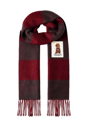 Red and dark gray checkered scarf with fringed ends and a patch featuring a dog wearing a hat and sweater labeled "Hackett."