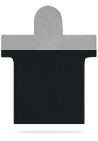 Kapuzenponcho mit grauem Oberteil und schwarzem Unterteil. Hergestellt aus weichem, strukturiertem Stoff mit einem einfachen, funktionalen Design.