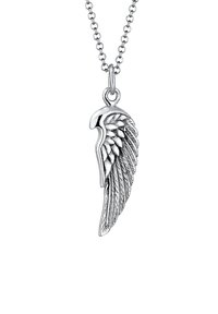 Colgante de ala de plata con texturas de plumas detalladas, unido a una cadena fina. Presenta un acabado pulido con un lazo para colgar.