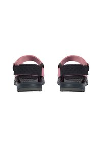 Back view of black and pink open-toe sandals with adjustable straps and textured footbeds on thick soles.
