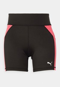 Svarta sportshorts med rosa sidopaneler, hög midja och en vit logotyp. Tillverkade i ett elastiskt, slätt tyg.