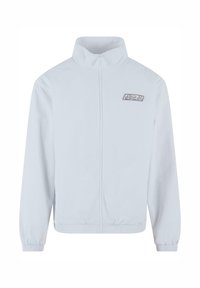 Lightweight white zip-up jacket with a high collar, elastic cuffs, and a silver logo on the left chest area. Smooth fabric texture.