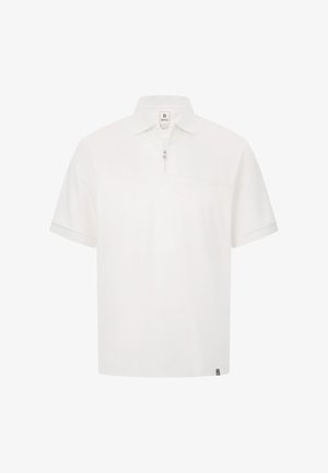 Biała koszulka polo z krótkim rękawem, z zamkiem błyskawicznym do jednej czwartej, płaskim kołnierzykiem i jedną kieszenią na piersi. Gładka tekstura, minimalistyczny design, subtelna naszywka z logo.