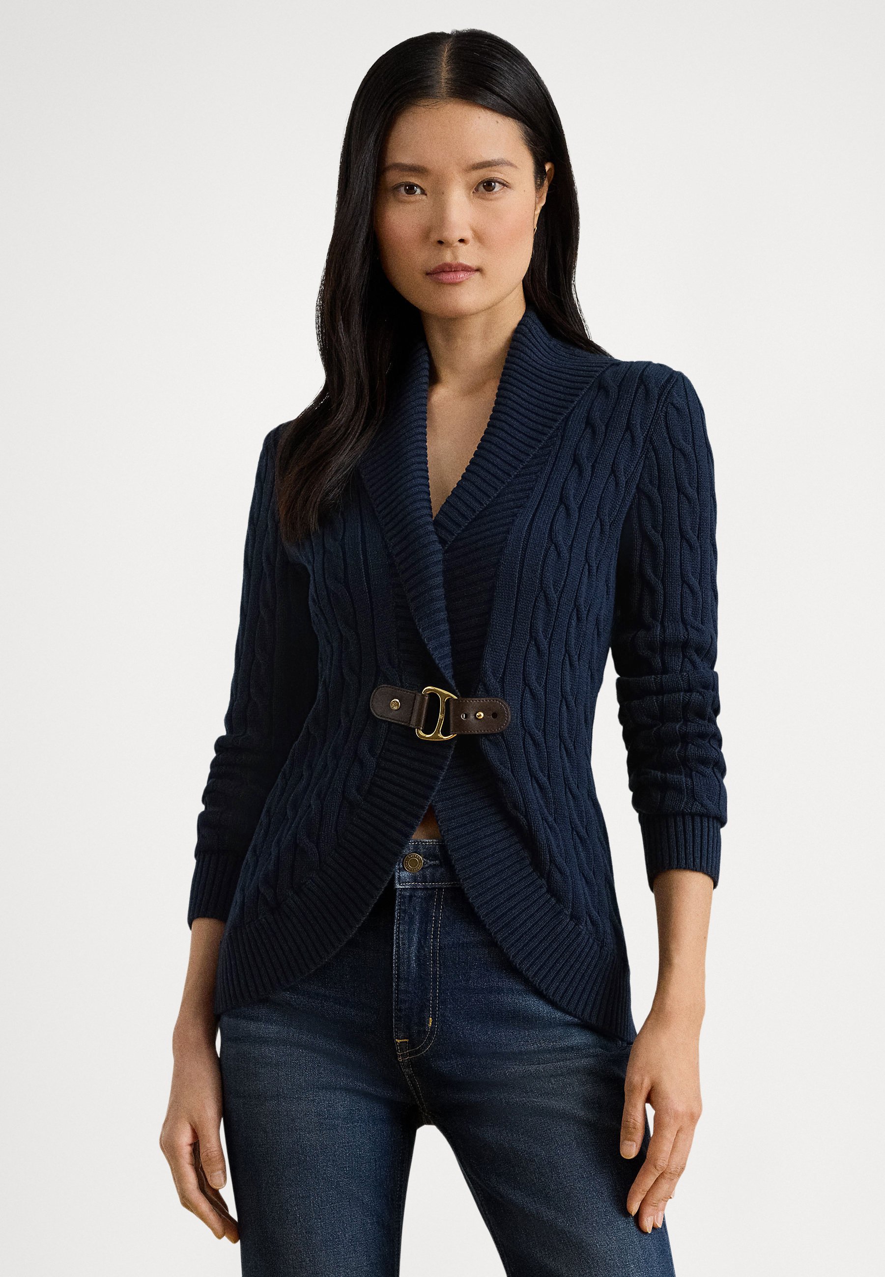 Lauren Ralph Lauren BUCKLE-TRIM CABLE SHAWL-COLLAR CARDIGAN 