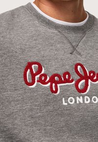 Felpa grigia con scollatura rotonda e polsini a coste, con logo ricamato in rosso e bianco "Pepe Jeans London" sulla parte frontale.