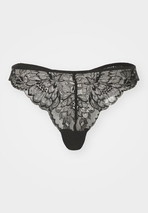 Schwarzer Spitzen-Tanga mit floralen Mustern, halbtransparentem Stoff und glattem schwarzen Baumwollfutter. Zarte, gewellte Kanten verleihen dem Design das gewisse Etwas.