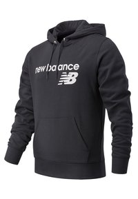 Felpa con cappuccio nera realizzata in misto cotone e poliestere, con tasca frontale a marsupio, polsini a costine e un grande logo bianco "New Balance".