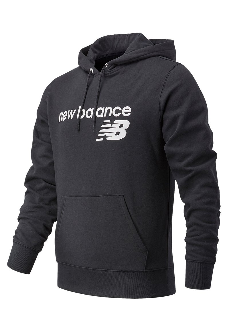 Felpa con cappuccio nera realizzata in misto cotone e poliestere, con tasca frontale a marsupio, polsini a costine e un grande logo bianco "New Balance".