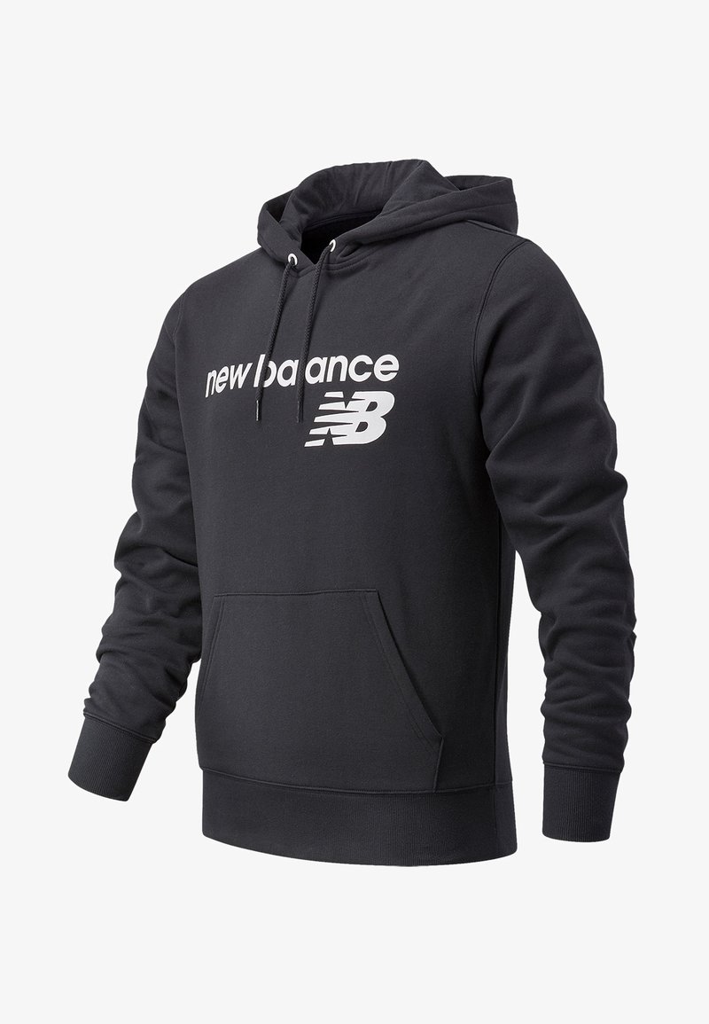 Felpa con cappuccio nera realizzata in misto cotone e poliestere, con tasca frontale a marsupio, polsini a costine e un grande logo bianco "New Balance".