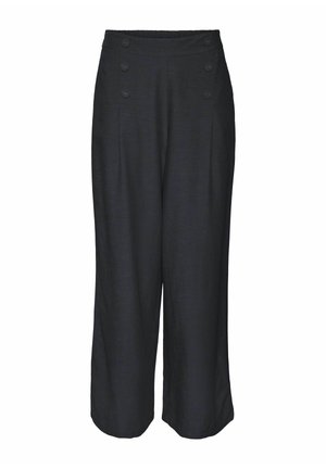 Zwarte wijde broek met een zachte textuur, met een hoge taille en zes decoratieve knopen aan de voorkant.
