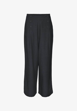 Mustad laiad püksid siledast materjalist, kõrge vöökohaga ja kuue dekoratiivse nööbiga ees.