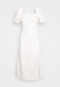 Vestido blanco con mangas cortas abullonadas, escote cuadrado y un patrón floral en suaves tonos de rosa y verde. Presenta una abertura lateral para mayor comodidad de movimiento.