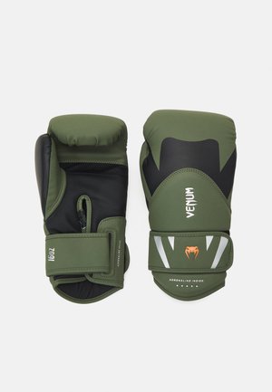 Luvas de boxe verdes com detalhes em preto, design acolchoado e tira ajustável. Apresenta logótipo e detalhes gráficos no exterior.
