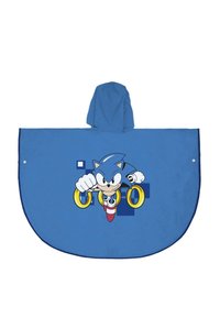 Poncho bleu avec une capuche, présentant un graphique d'un personnage de dessin animé et des anneaux dorés. Texture douce, forme arrondie et bord contrastant.