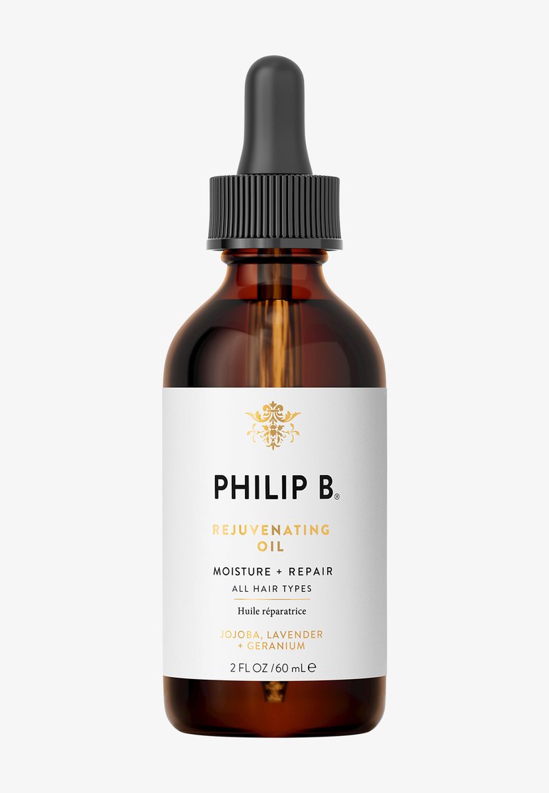 Braune Glas-Dropper-Flasche mit der Aufschrift Philip B Rejuvenating Oil für Feuchtigkeit und Reparatur, geeignet für alle Haartypen, 60 ml.