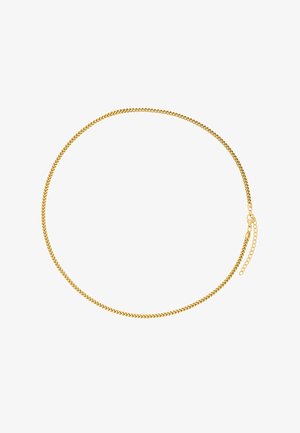 Gold chain necklace featuring a herringbone design, smooth texture, with a clasp and extension chain detail for adjustable length.
