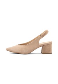 Beige mokkasine-slingback-kengät, joissa on terävä kärki, matala lohkare korko ja minimalistinen muotoilu. Sujuva pinta ja yksinkertainen, tyylikäs siluetti.