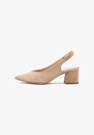 Beige mokkasine-slingback-kengät, joissa on terävä kärki, matala lohkare korko ja minimalistinen muotoilu. Sujuva pinta ja yksinkertainen, tyylikäs siluetti.