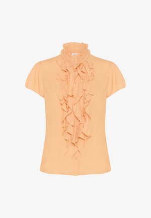 Peachfarvet bluse med korte ærmer, der har et rynket frontdesign og en høj, samlet hals. Lavet af et let stof.