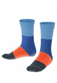 Calze di cotone con una combinazione di colori blu e navy, dettagli arancioni, polsini a coste e suole testurizzate e antiscivolo con punti bianchi.