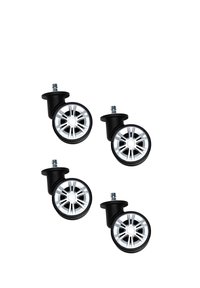 Satz von vier schwarzen und silbernen Drehrollen für Möbel oder Bürostühle, isoliert auf weißem Hintergrund.