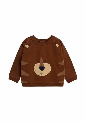 Brązowy bawełniany sweatshirt z nadrukiem twarzy lwa w beżowych akcentach, uszami i wąsami, o gładkim wykończeniu tkaniny.