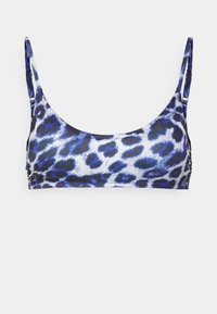 Top de bikini com padrão de leopardo, apresentando padrões azuis e pretos sobre um fundo branco. Com alças finas ajustáveis e um corte clássico abaixo do peito.