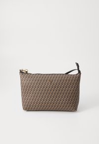 Brown patterned pouch bag with a textured fabric design, featuring a zipper closure and a black leather accent handle. Gold hardware detail.