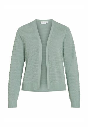 Lys grønn strikket cardigan med åpen front, lange ermer og ribbestrikkede mansjetter og kant.