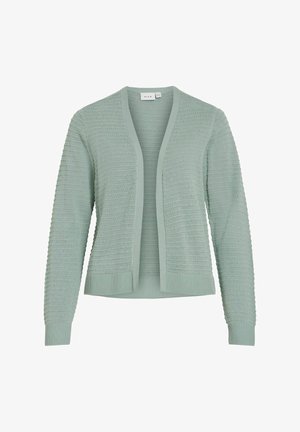 Lys grønn strikket cardigan med åpen front, lange ermer og ribbestrikkede mansjetter og kant.
