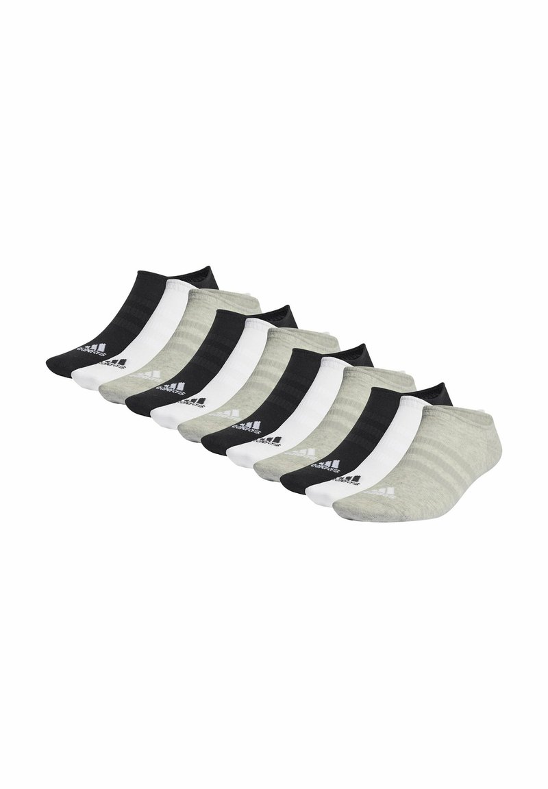 Diez pares de calcetines bajos en negro, blanco y gris, con colores sólidos y rayas sutiles, hechos de una tela suave y elástica.