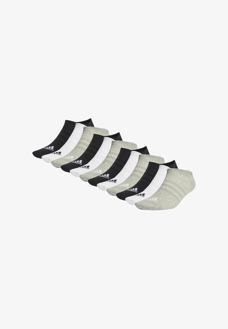 Diez pares de calcetines bajos en negro, blanco y gris, con colores sólidos y rayas sutiles, hechos de una tela suave y elástica.