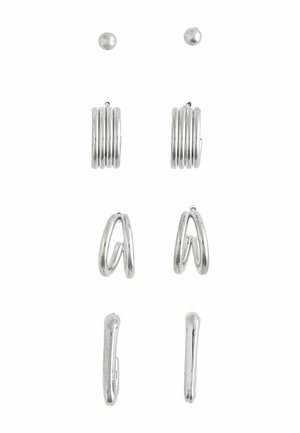 Versilberte Ohrring-Set mit drei Paaren: runde Steckohrringe, gewickelte Creolen und einwinklige Tropfenform, alle mit polierter Oberfläche.