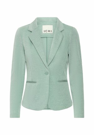 Light green blazer made from textured fabric. Features a notched collar, single button closure, and two front pockets with a tailored fit.