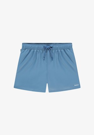 Pantaloni da bagno blu realizzati in materiale liscio e leggero. Presentano una vita elasticizzata con coulisse e un piccolo logo in basso a destra.