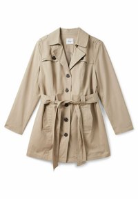 Beige trenssitakki, jossa hartiaepäluurit, suuret etunapit ja solmittava vyötärö. Takissa on kaksi sivutaskua ja pitkät hihat.