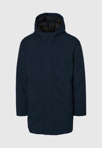 Giacca imbottita blu navy con cappuccio, zip frontale e due tasche laterali. Presenta un design semplice e un materiale liscio e resistente all'acqua.