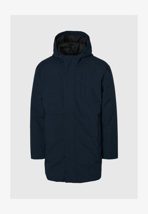 Tumsinine pehmendusega jakk kapuutsiga, esiööp ja kaks küljetaskut. Omab lihtsat disaini ja siledat, veekindlat materjali.