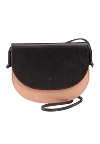 Crossbody bag made of black and light beige leather, featuring a curved design, flap closure, adjustable strap, and embossed logo detail.