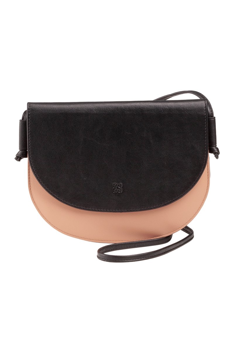 Crossbody bag made of black and light beige leather, featuring a curved design, flap closure, adjustable strap, and embossed logo detail.