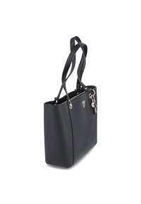 Borsa a tracolla in pelle nera con doppi manici, hardware argentato e logo del marchio sul lato anteriore.