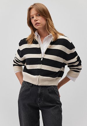 Black and cream striped zip-up sweater with a textured knit, featuring ribbed cuffs and hem, worn over a white collared shirt.