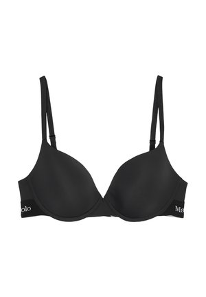Reggiseno imbottito nero con spalline regolabili. Materiale liscio, supporto con ferretto e fascia elastica con logo di lato. Design classico.