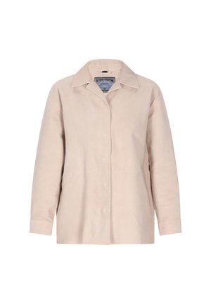 Jachetă din piele bej cu guler, mâneci lungi și închidere frontală cu capse. Textură netedă cu un design minimalist și fără modele vizibile.