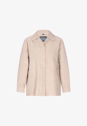 Jachetă din piele bej cu guler, mâneci lungi și închidere frontală cu capse. Textură netedă cu un design minimalist și fără modele vizibile.