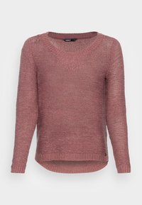 Rosa gestrickter Pullover mit rundem Halsausschnitt, langen Ärmeln und abgerundetem Saum. Besitzt eine lockere Struktur und ein dezentes Markenetikett.