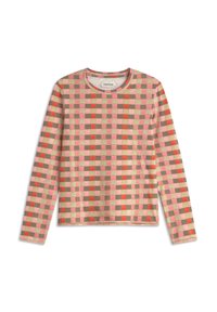 Langærmet, let top i et flerfarvet skakmønster med lyserøde, orange og beige firkanter. Rund halsudskæring, blød tekstur.