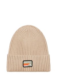 Beige knitted beanie with ribbed texture and a folded cuff. Features a “PROTEST” patch with mountain graphics and colored stripes.