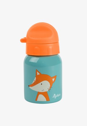 Stainless steel water bottle with an orange cap; features a colorful fox illustration on a turquoise background. Smooth texture, compact shape.